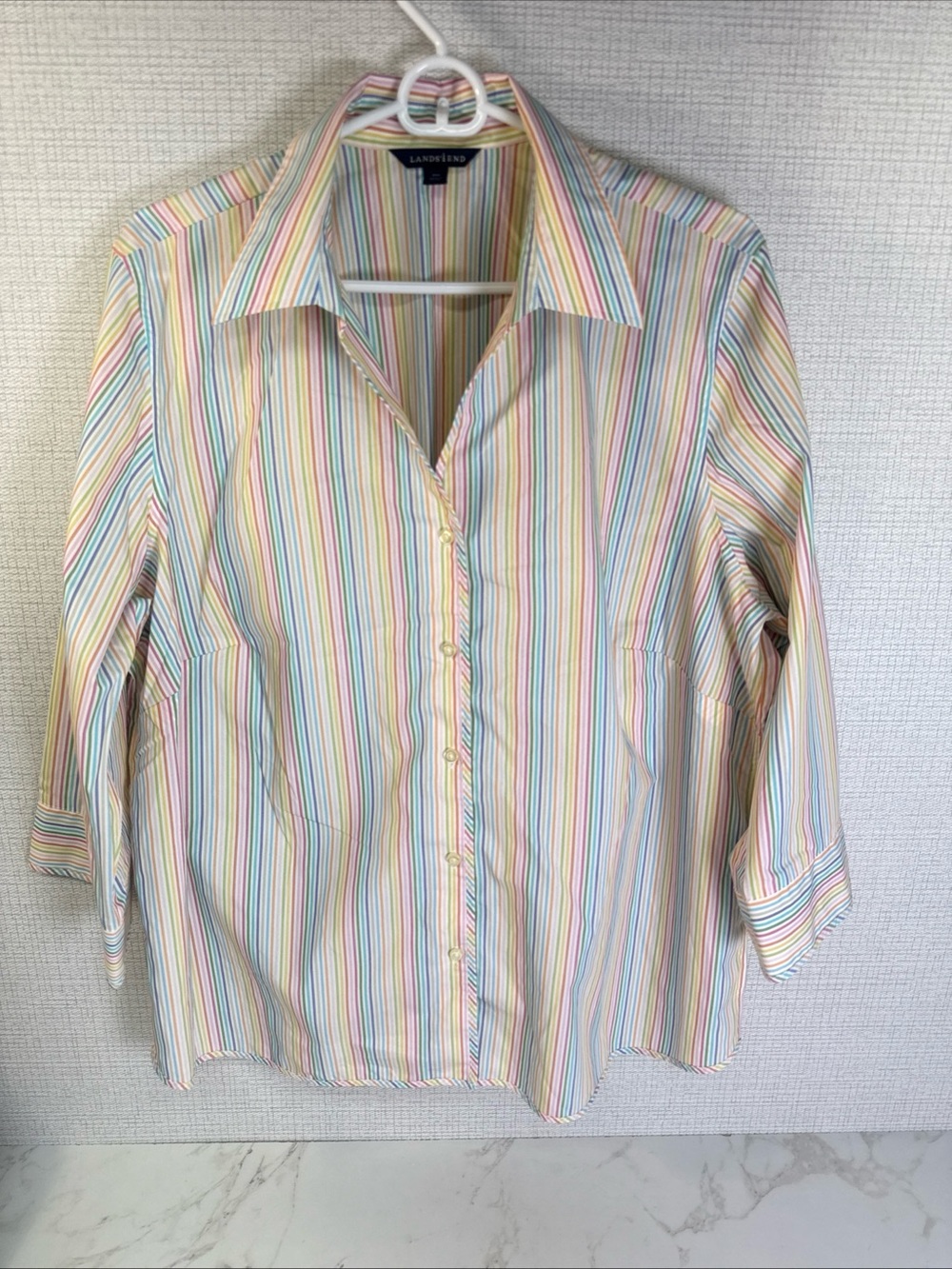 Lands End Shirt Blouse Womens 20W Rainbow Cotton Blend Button Up 3/4 Sleeve 2X